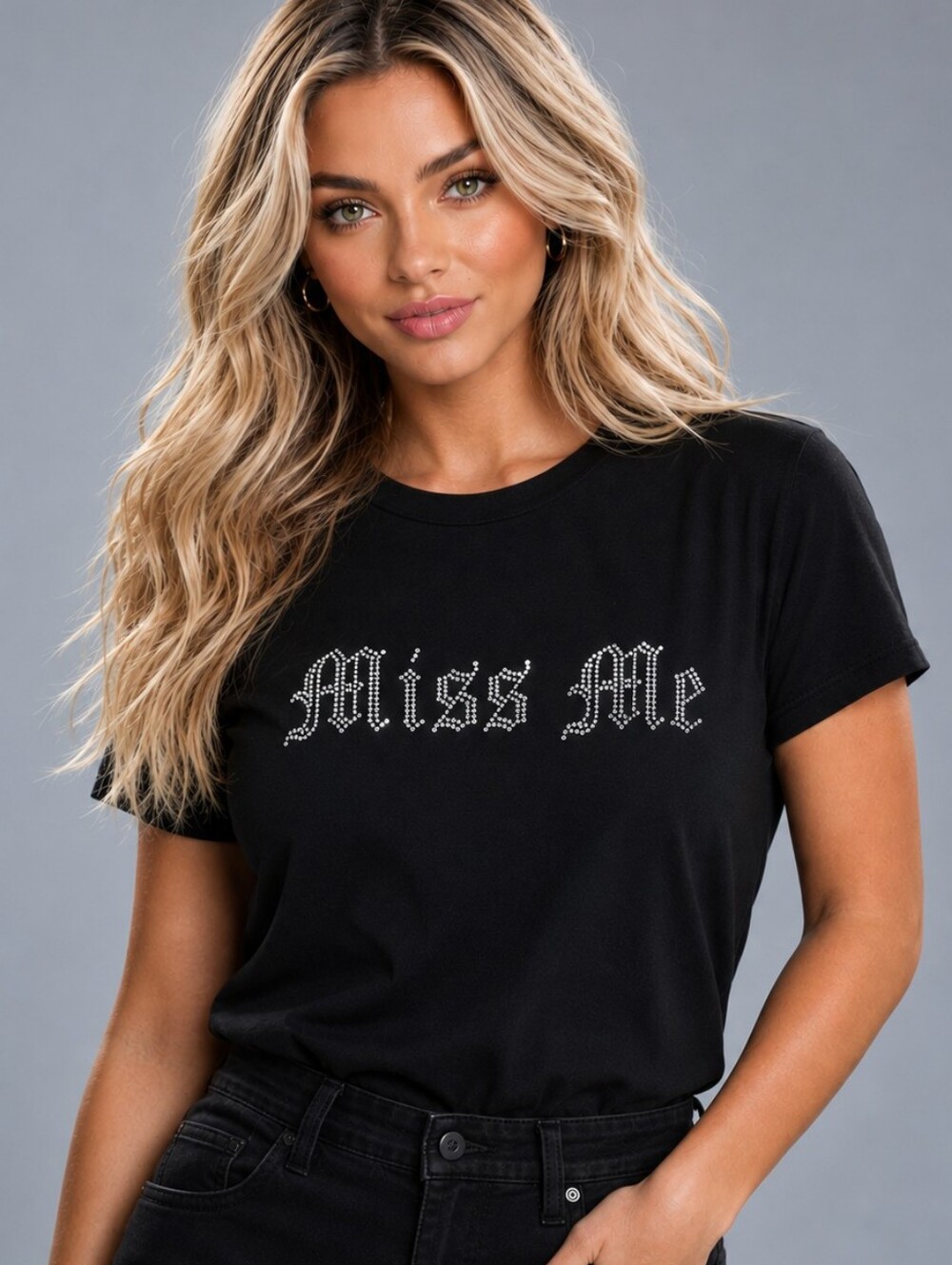 MISS ME Rhinestone Logo Black Short Sleeve Top Women’s Large NWT Y2K Bling Tee